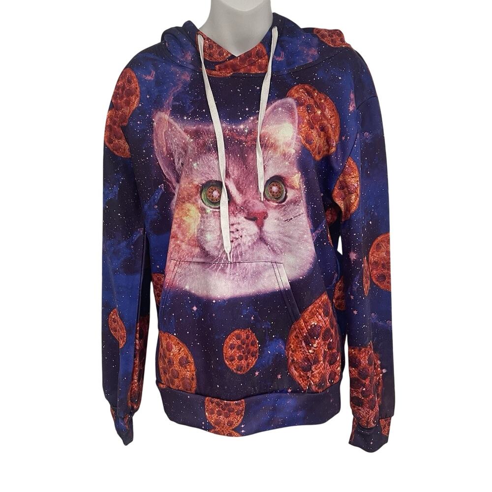 Cute Pizza Galaxy Universe Cat Dreaming Hoodie Sweatshirt Men M Long Sleeve